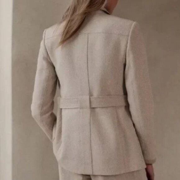 Banana Republic Norfolk Linen-Cotton Cream Herringbone Belted Long Blazer Jacket - Picture 3 of 17